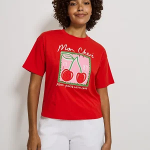 Red Embroidered Mon Cheri Paris Cherry T-Shirt